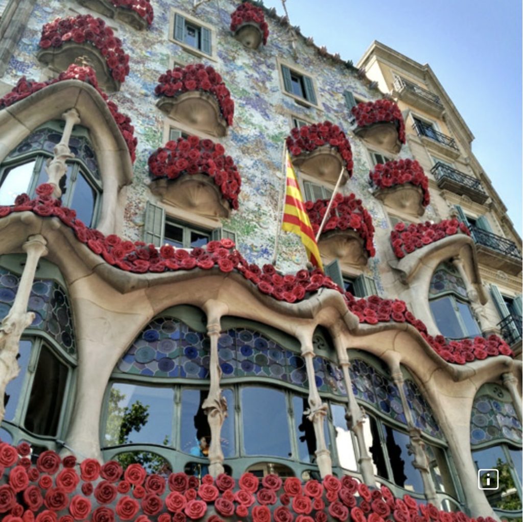 Gaudi's Casa Batllo in Barcelona, decorated for Festival of Sant Jordi